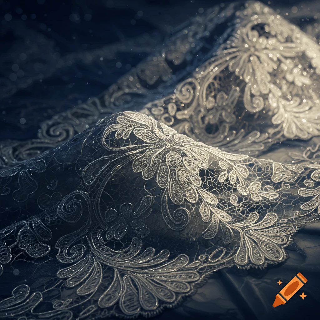 Close-up of elegant white intricate lace fabric with floral patterns and sparkling details, on a dark, softly lit background.