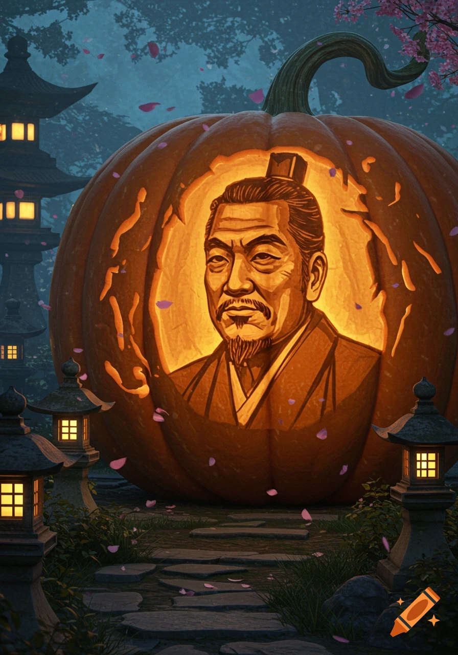 A large, glowing carved pumpkin depicts Tokugawa Ieyasu, surrounded by Japanese stone lanterns and pink petals in a nighttime garden.