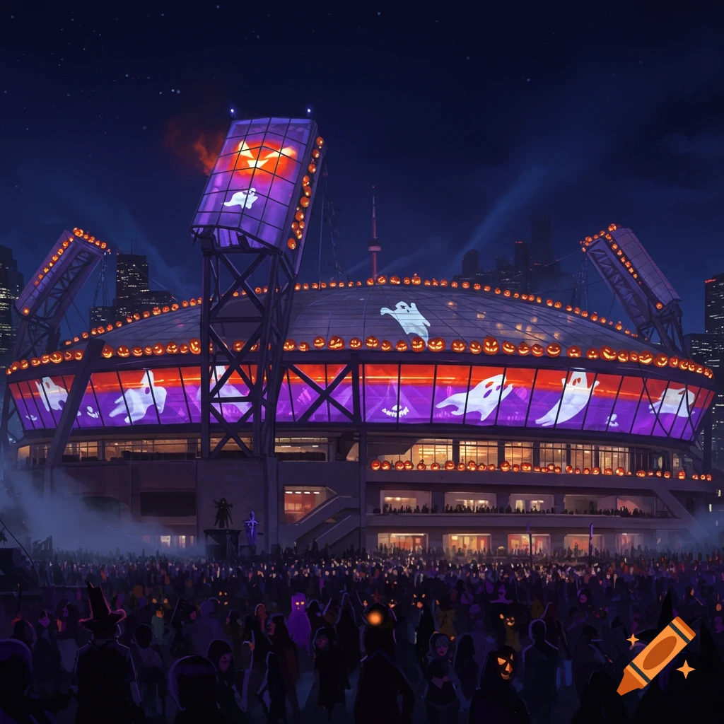 A crowded Halloween celebration at the Toronto Skydome at night, with ghost projections on the stadium and carved pumpkins lining its roof.