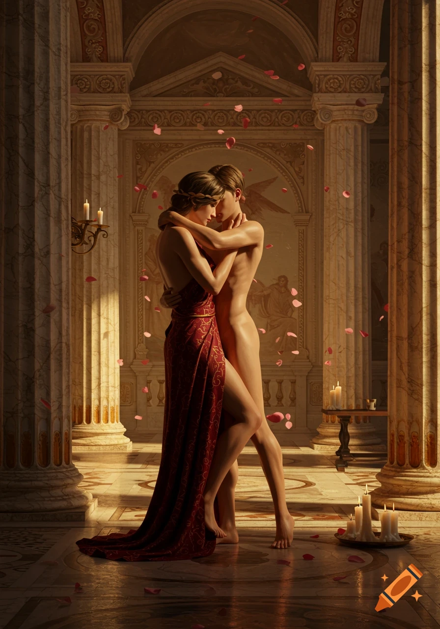 A photorealistic image of a man and woman embracing in a classical room with columns, candles, and falling rose petals.