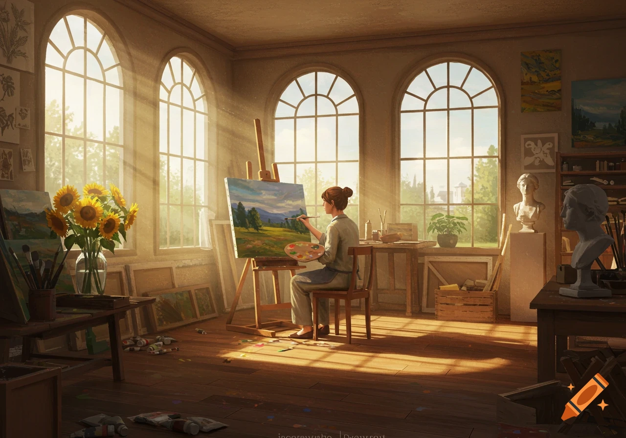 A painter works on a landscape canvas in a bright, sunlit art studio with large arched windows, sunflowers, and sculptures.