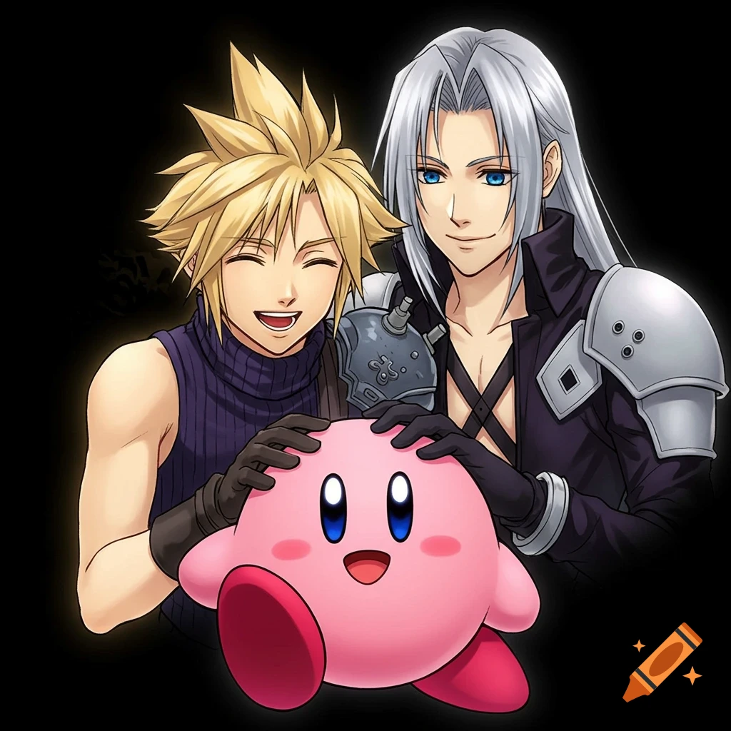 Cloud Strife and Sephiroth from Final Fantasy VII smiling and petting a happy Kirby in an anime style.