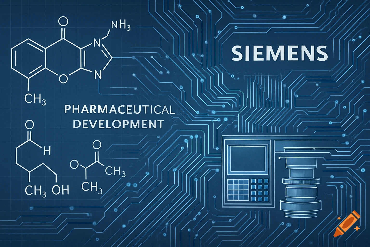 A blueprint-style background featuring electronic circuits, chemical molecular structures, and the text "SIEMENS" and "PHARMACEUTICAL DEVELOPMENT".