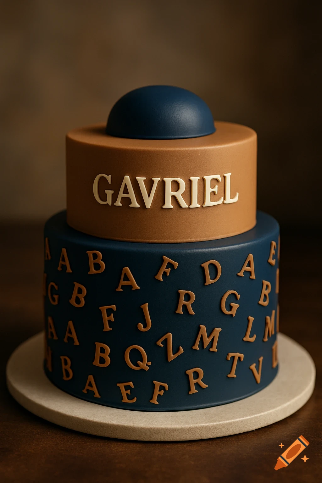 A two-tier cake: navy bottom with scattered brown alphabet letters, light brown top with 'GAVRIEL', and a navy dome.