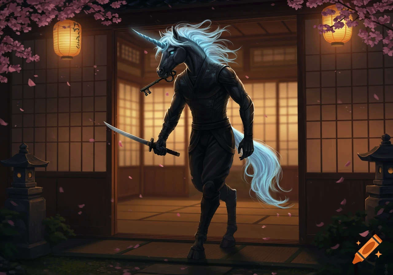 A dark unicorn ninja with a blue mane and tail holds a katana and key, emerging from a Japanese house under cherry blossoms.
