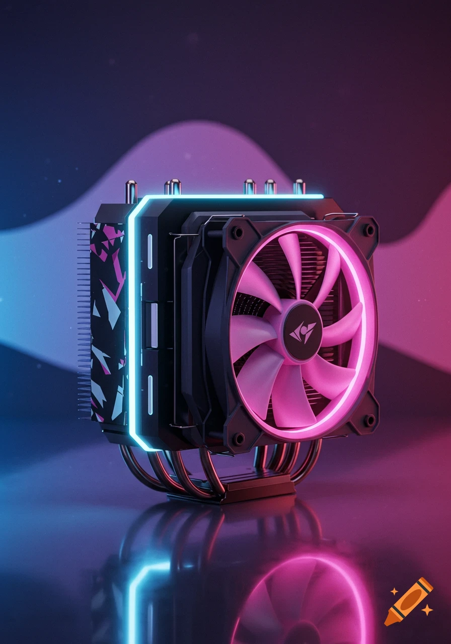 A futuristic CPU cooler with a glowing pink fan and neon blue lights, reflected on a dark surface.