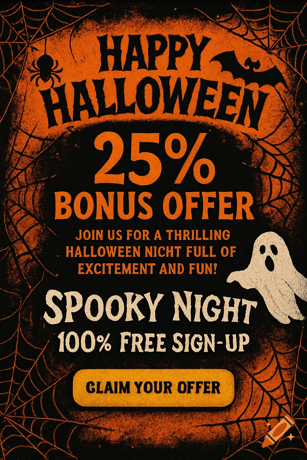 A black and orange Halloween promotional poster with spider webs, a spider, a bat, and a ghost. Text reads "Happy Halloween, 25% Bonus Offer, Join us for a thrilling Halloween Nicht full of excitement and fun!, Spooky Night - 100% Free Sign-Up", and a yellow button "Claim Your Offer".