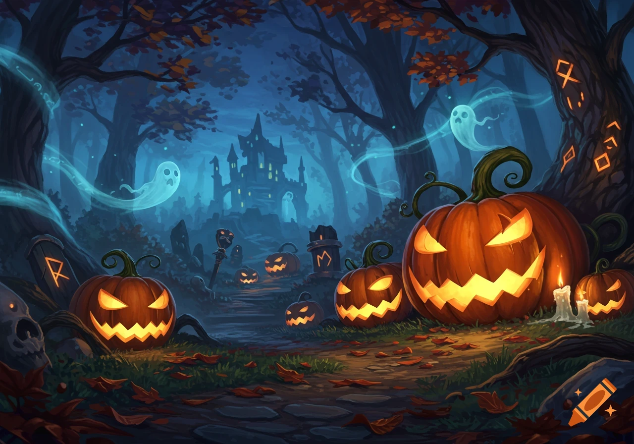 A spooky Halloween scene with carved pumpkins glowing in the foreground, ghosts floating, and a haunted castle in a dark, mystical forest.