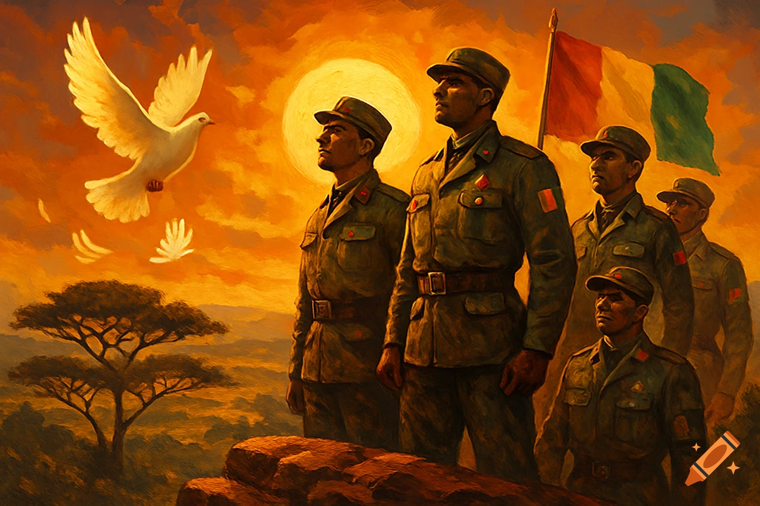 An oil painting depicts soldiers in green uniforms standing before a large sun and an Italian flag. A white dove flies in the orange sky above an acacia tree.