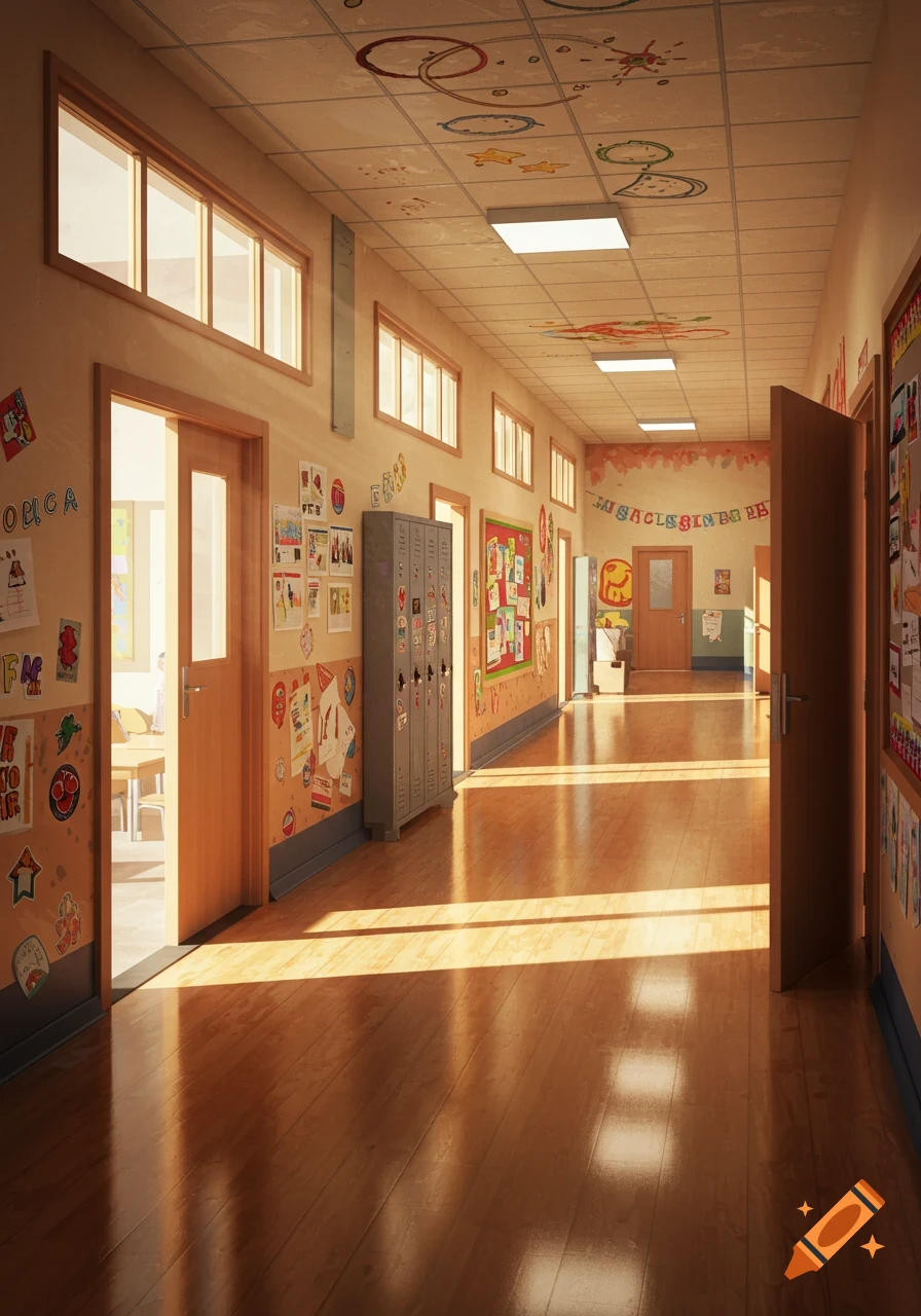 A brightly lit school hallway with wooden floors, lockers, and bulletin boards. Sunlight streams through windows.