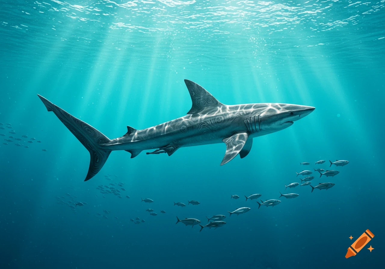 A thresher shark with a patterned skin texture swims in clear blue sunlit ocean water with schools of small fish.