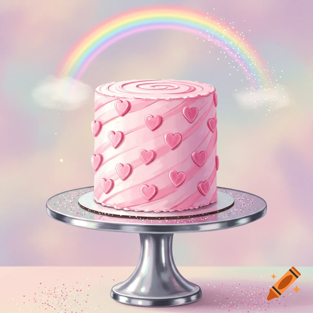 A vibrant pink cake with heart decorations sits on a silver stand, beneath a pastel rainbow in a soft, dreamy background.