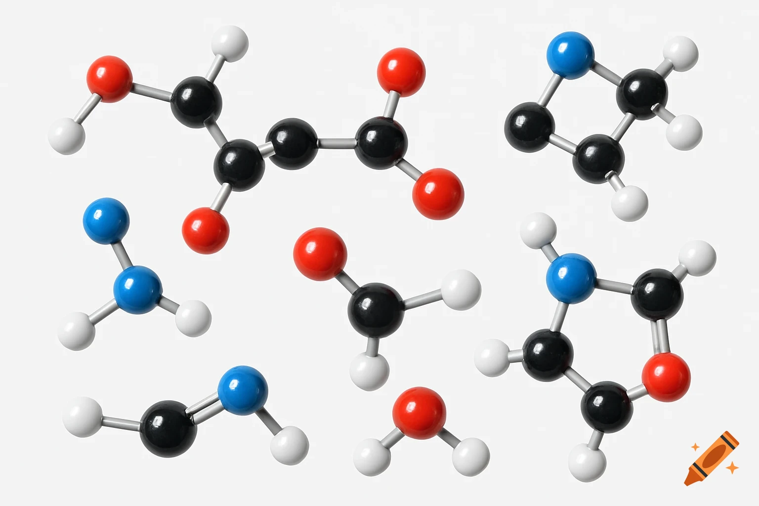 A top-down view of several colorful ball-and-stick chemical molecule models against a plain white background.