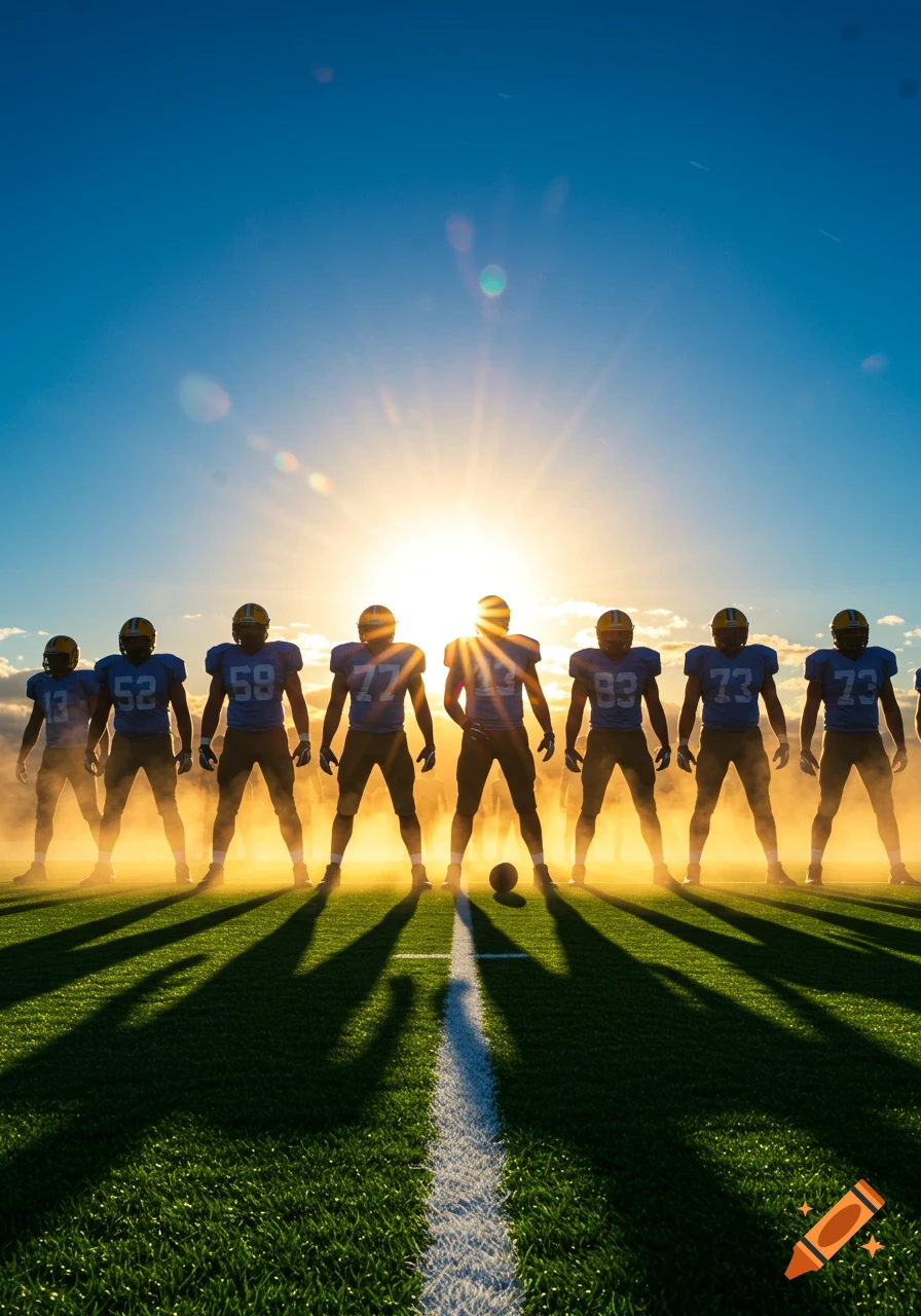 Photorealistic image of football players silhouetted against a bright sun, standing on a green field with a white line.