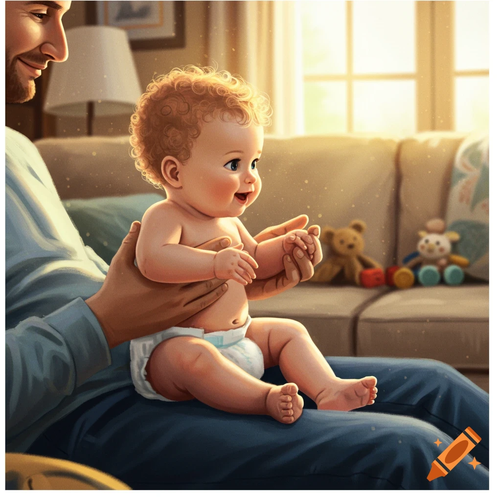 A happy baby with curly red hair sits in a diaper on their father's lap in a sunlit living room.