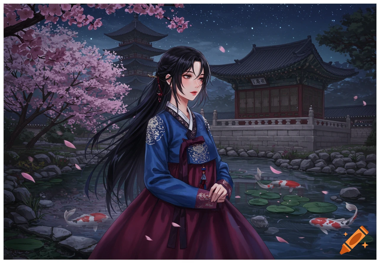 An anime-style woman in a blue and red hanbok stands by a pond with koi fish and cherry blossoms, in front of traditional Korean buildings at night.