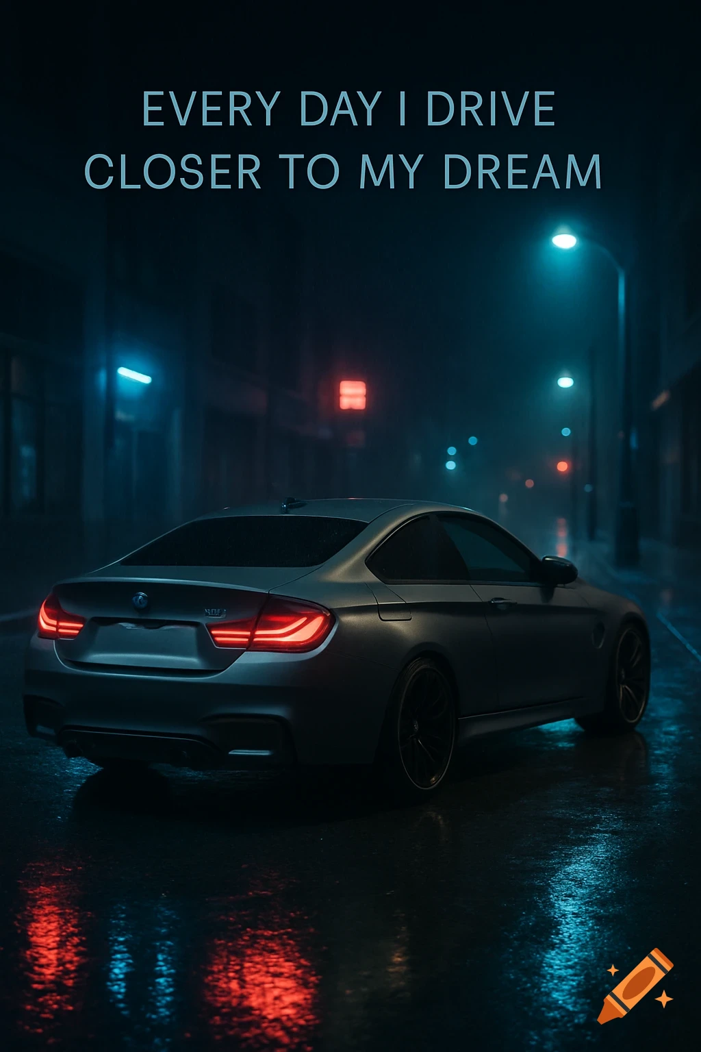 A grey BMW M4 parked on a wet city street at night, illuminated by neon lights, with motivational text.