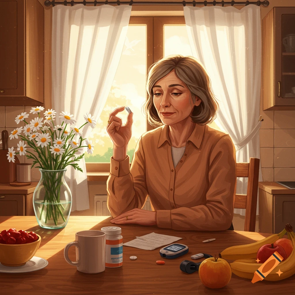 An older woman sits at a kitchen table, holding a small pill. A pill bottle, glucose monitor, fruit, and flowers are on the table.
