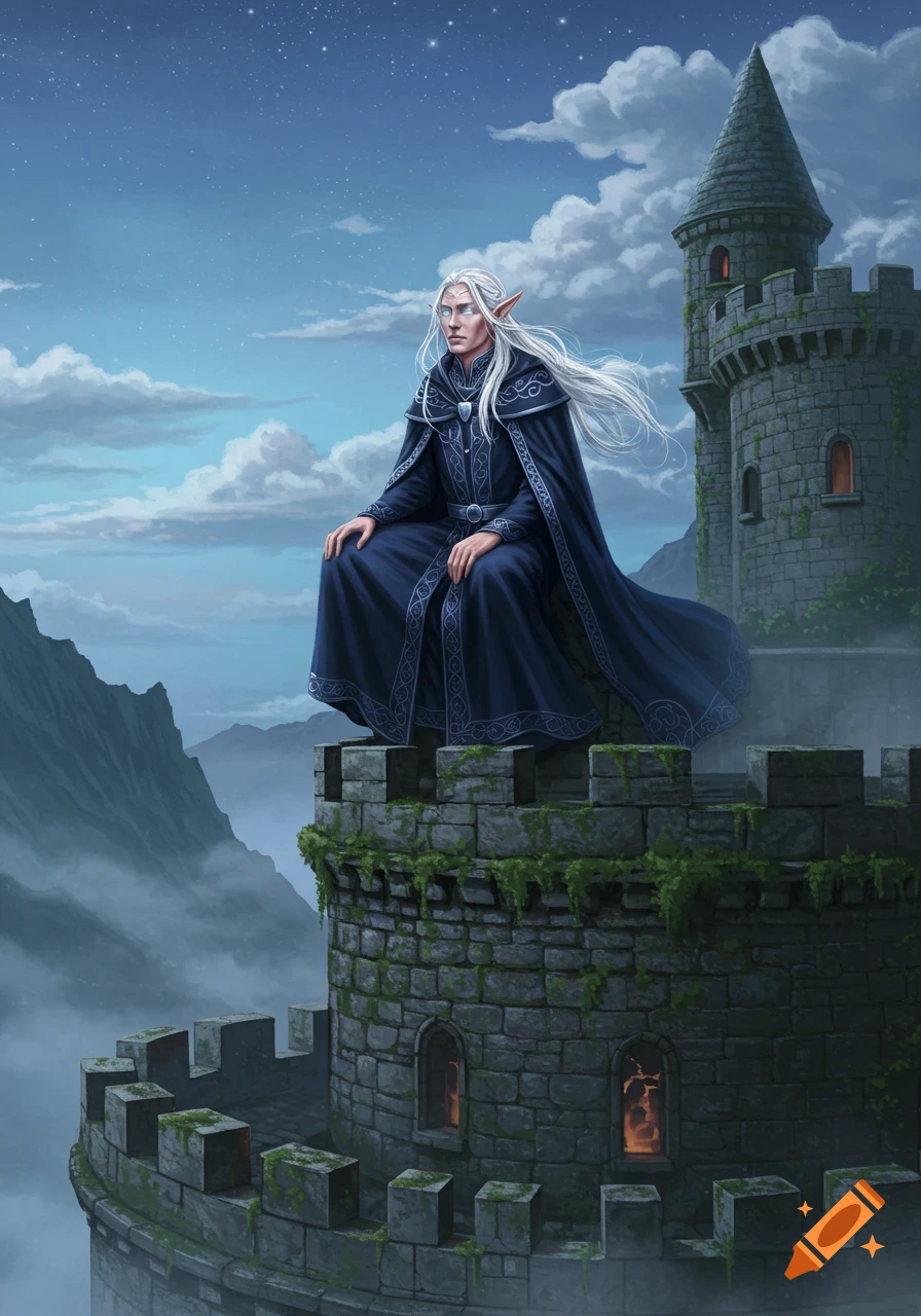 An elf with long white hair in dark robes sits atop a mossy stone ...