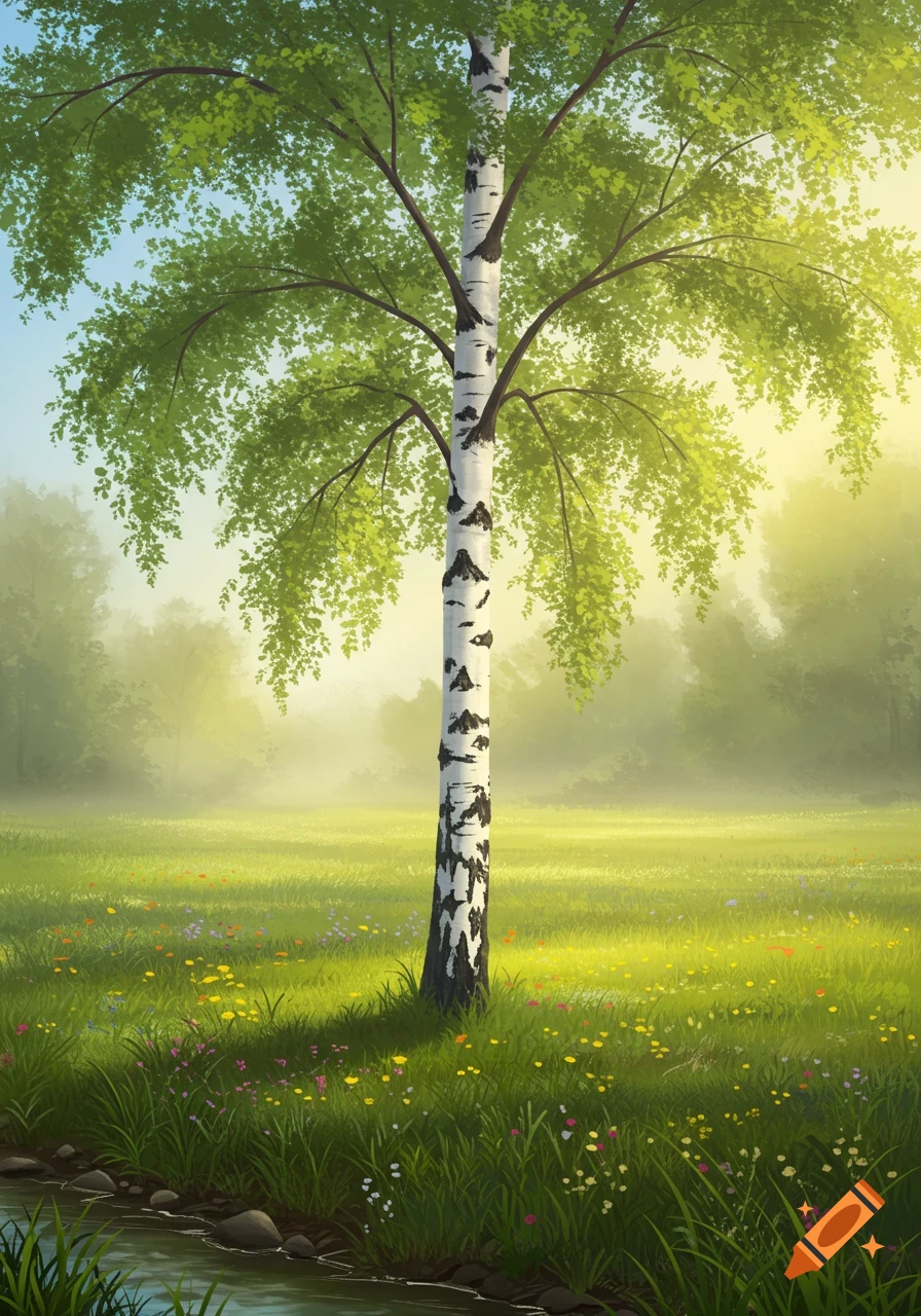 A tall birch tree stands in a vibrant green meadow dotted with wildflowers, a small stream in the foreground, under a bright sky.