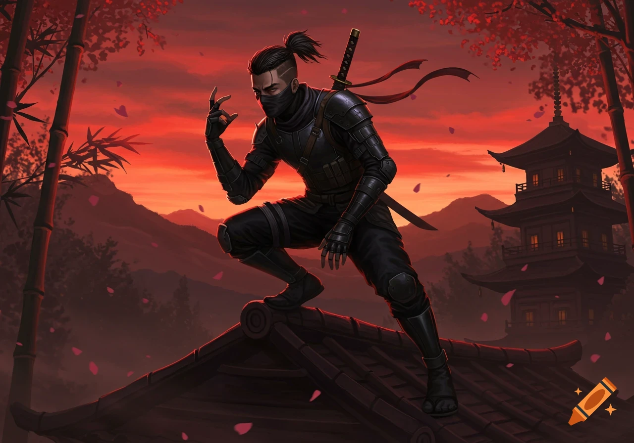 A ninja in black armor crouches on a Japanese rooftop at sunset with a pagoda and bamboo in the background, digital art style.