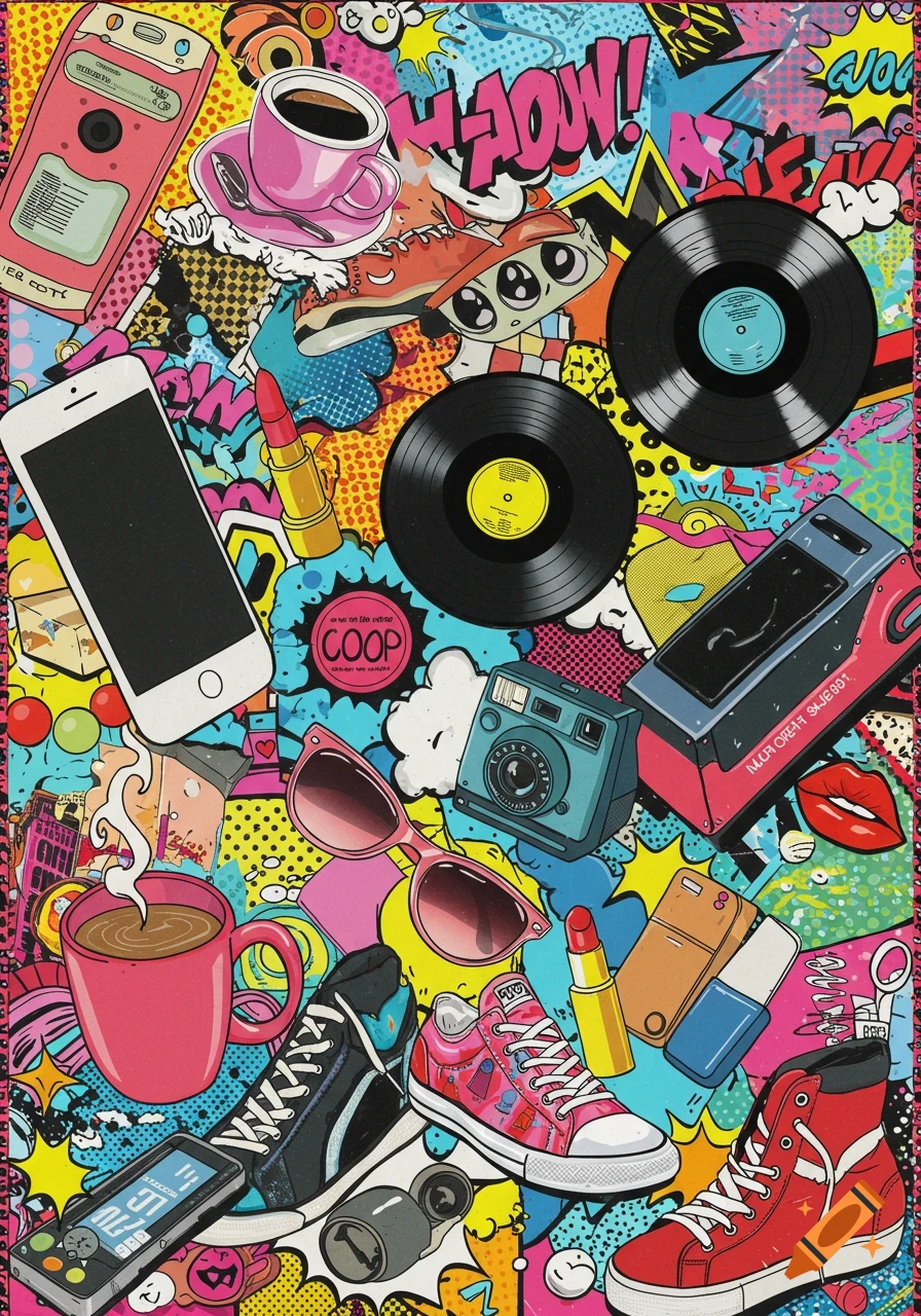 A vibrant pop art style collage features various everyday objects like smartphones, sneakers, records, coffee cups, sunglasses, and cameras, set against a colorful background with speech bubbles and halftone patterns.