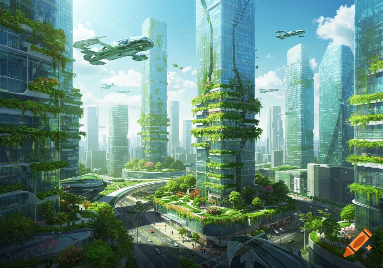 A vibrant futuristic city with glass skyscrapers covered in green plants, flying cars, and elevated roads.
