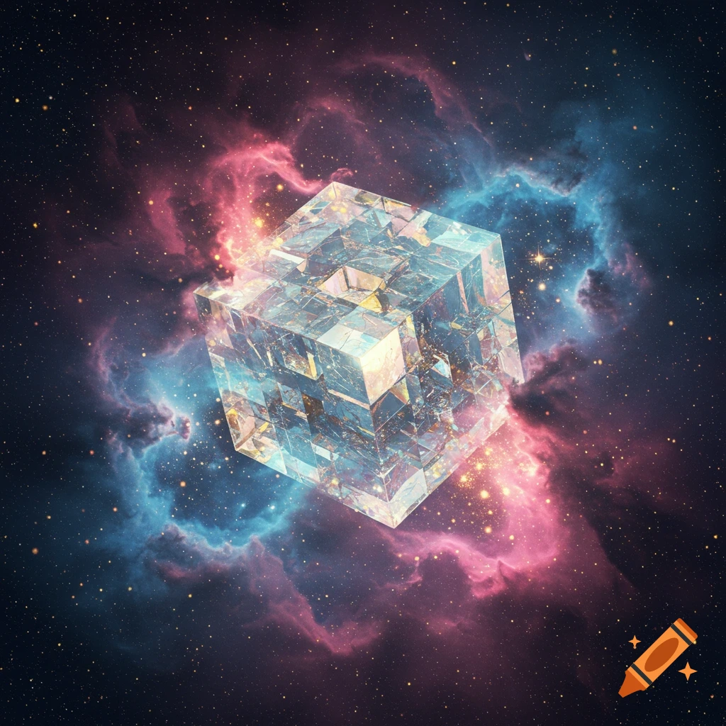 A multifaceted crystal cube floats in the center of a galaxy, surrounded by swirling pink and blue nebulae and bright stars.