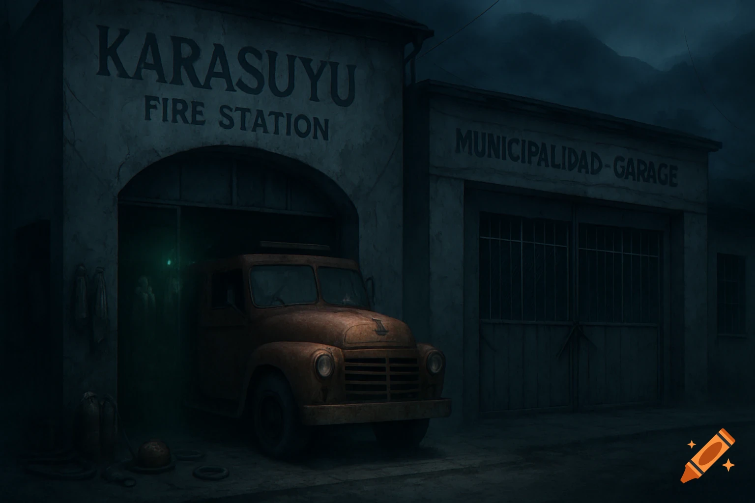 A dark, misty illustration of an abandoned Karasuyu Fire Station and Municipal Garage with a rusty fire truck.