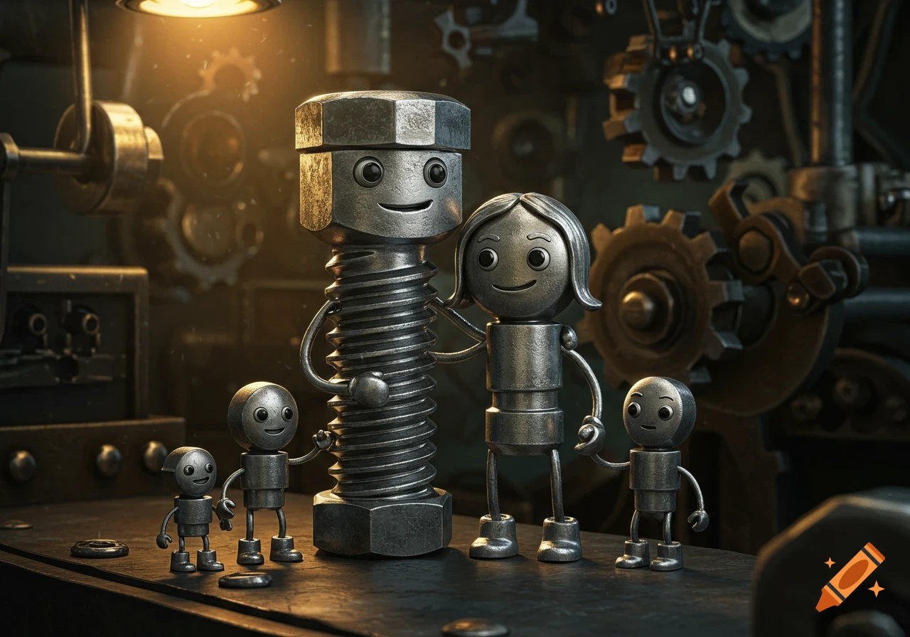A 3D render of an anthropomorphic bolt and nut family, with two small bolt children, in a dimly lit mechanical workshop.