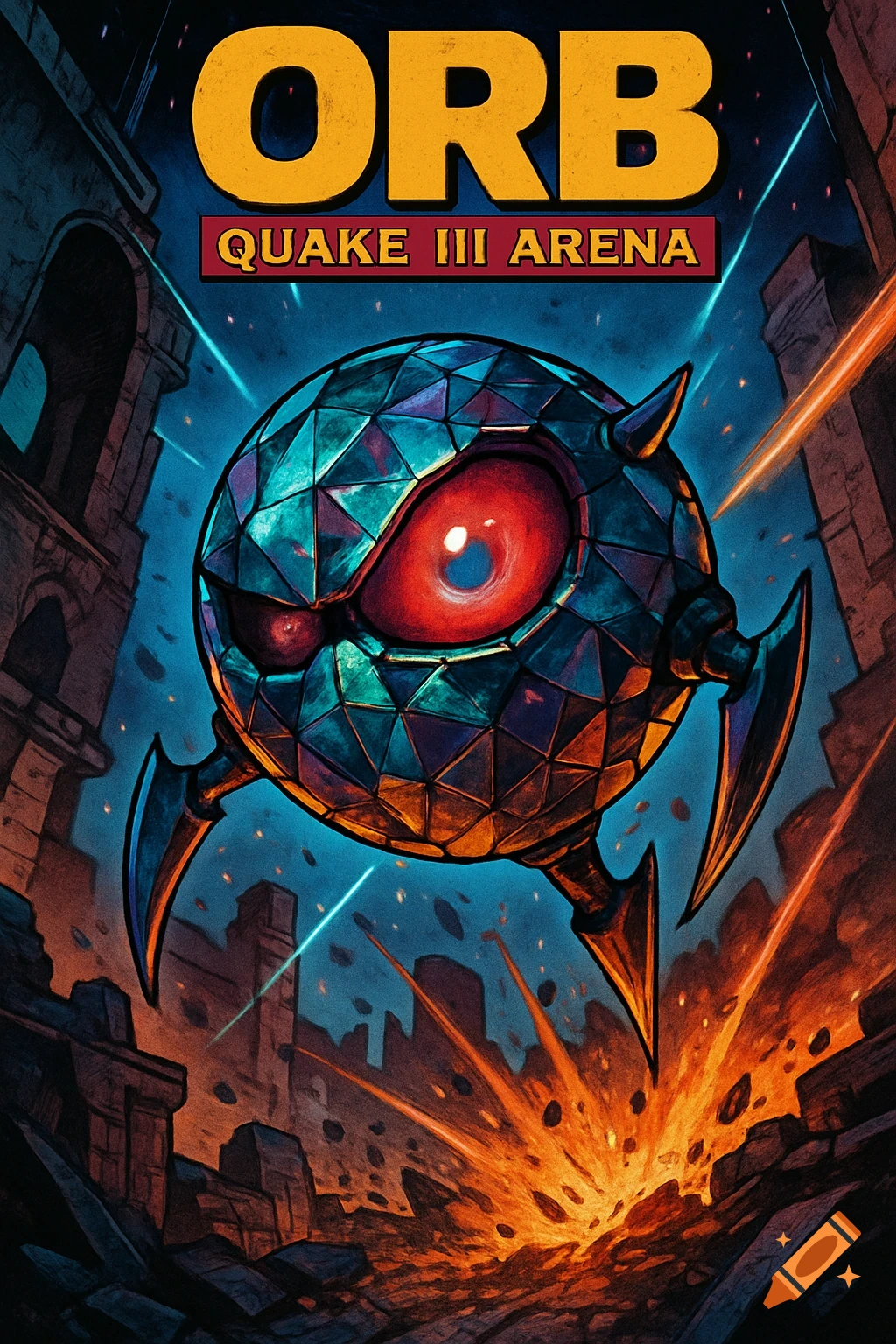 A stylized comic book cover for 'ORB Quake III Arena' featuring a geometric, cyclopean creature with sharp limbs hovering over an explosion.
