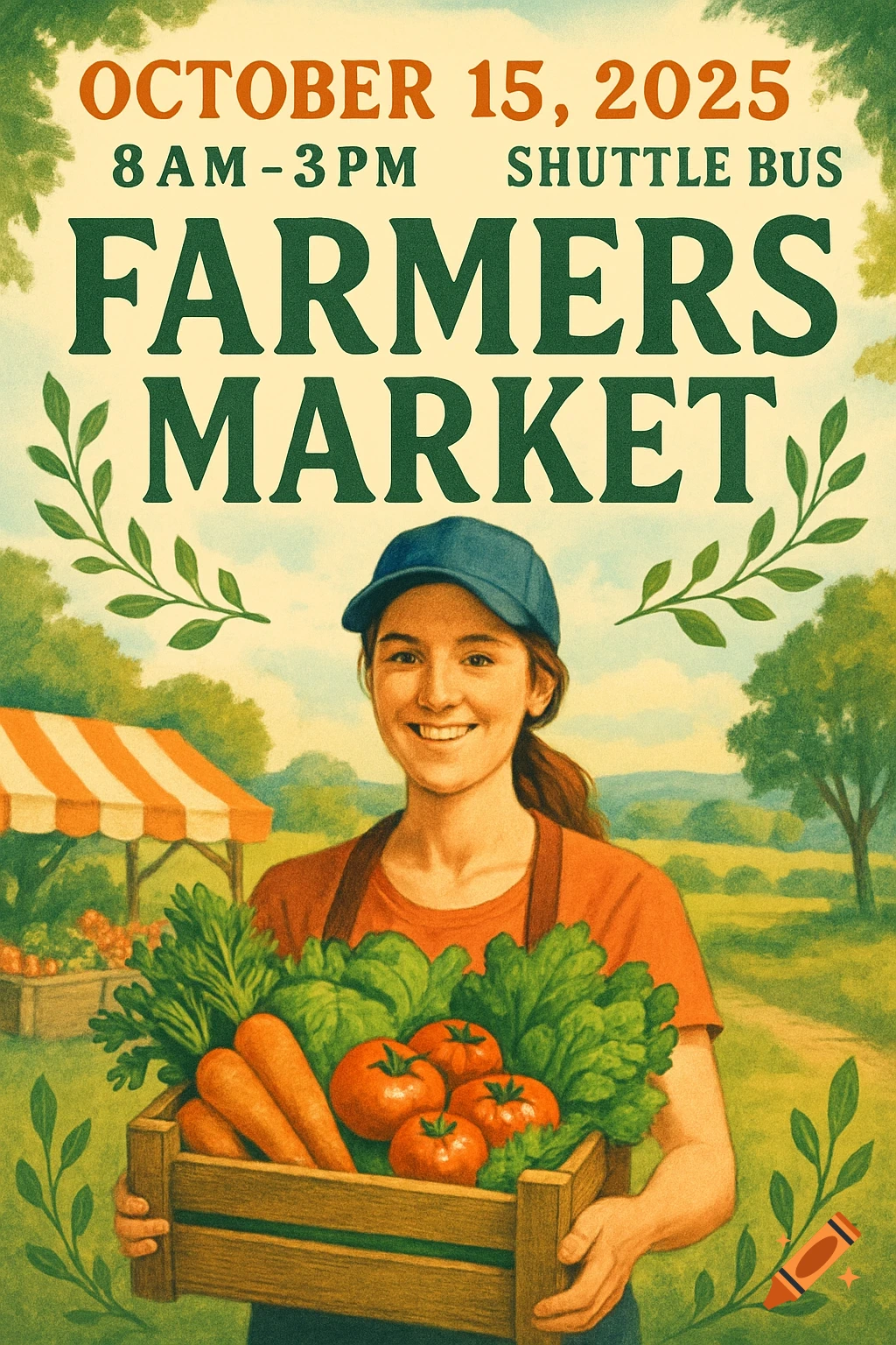 A vintage-style poster depicting a smiling woman holding a crate of fresh vegetables at a farmers market.