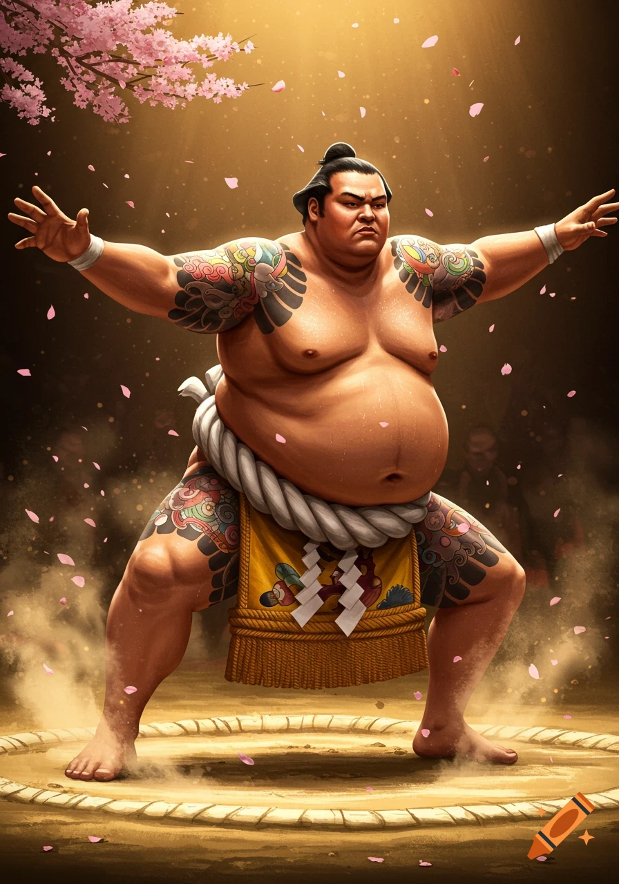 A heavily tattooed sumo wrestler in a mawashi poses in a ring with cherry blossoms falling.
