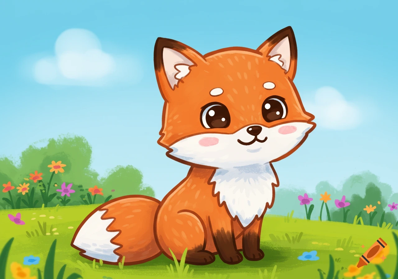 A cute cartoon fox with big expressive eyes sits in a grassy field with colorful flowers under a blue sky.