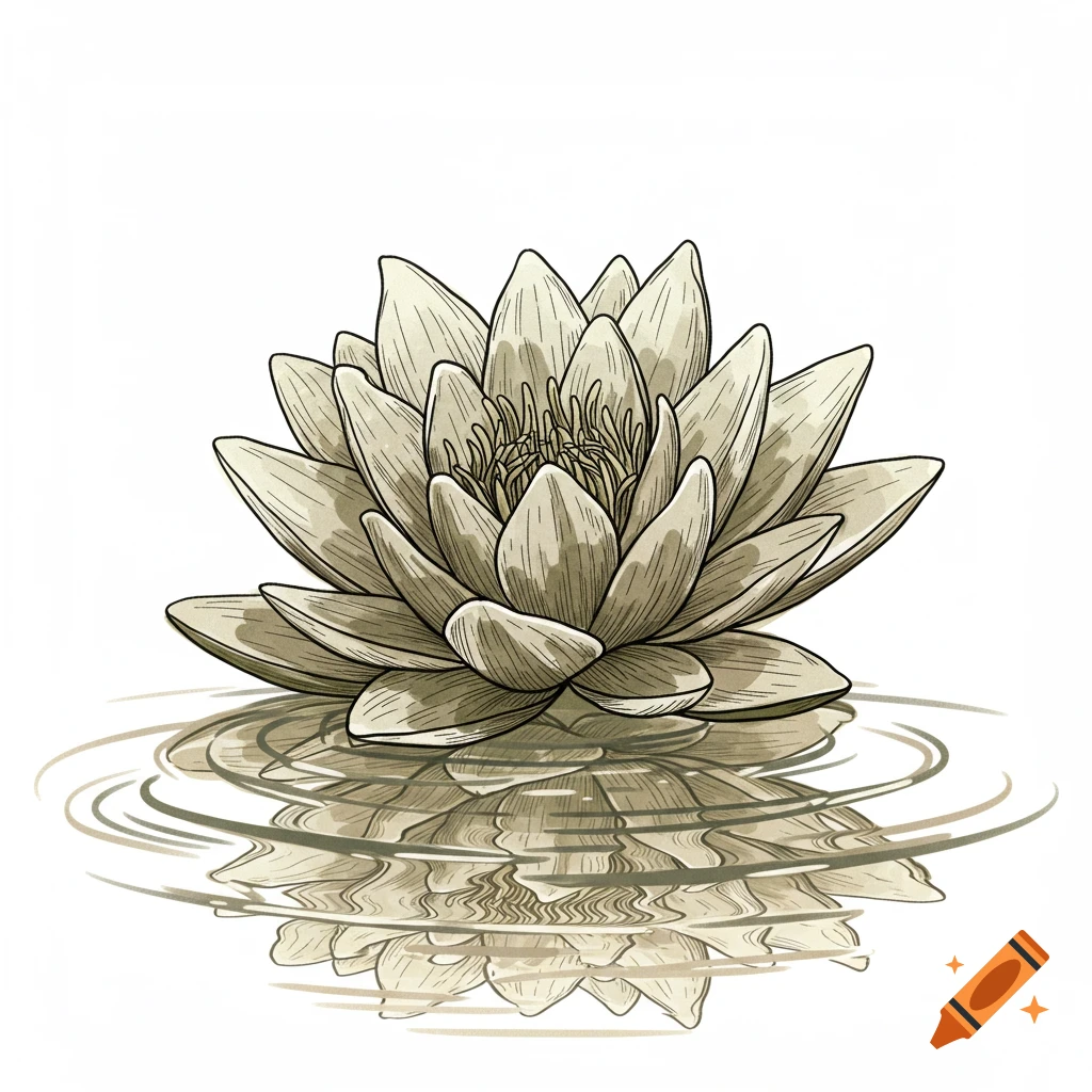 A stylized water lily with earth tone shading floats on rippling water, with its reflection below.