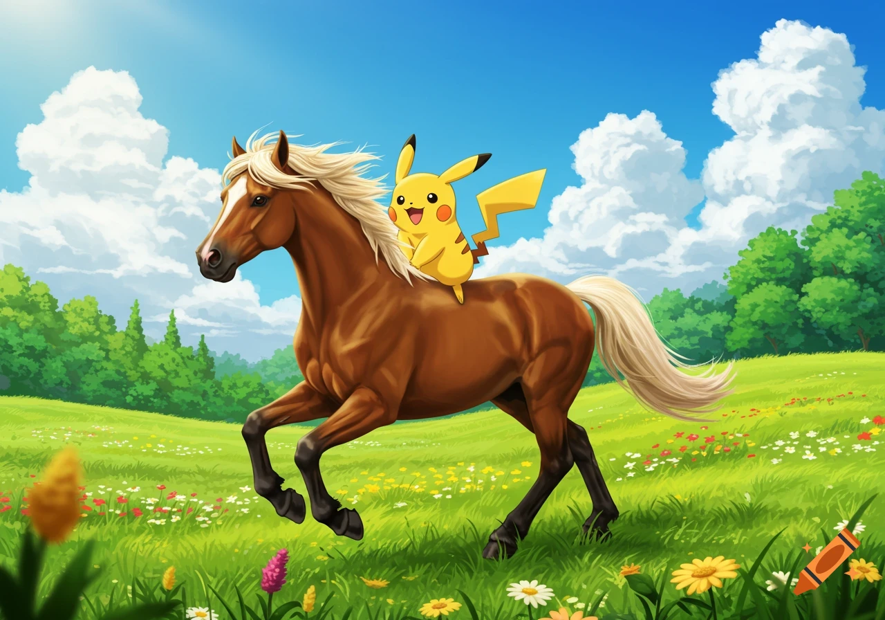 An illustration of Pikachu riding a brown horse through a vibrant green field filled with colorful flowers under a bright blue sky.