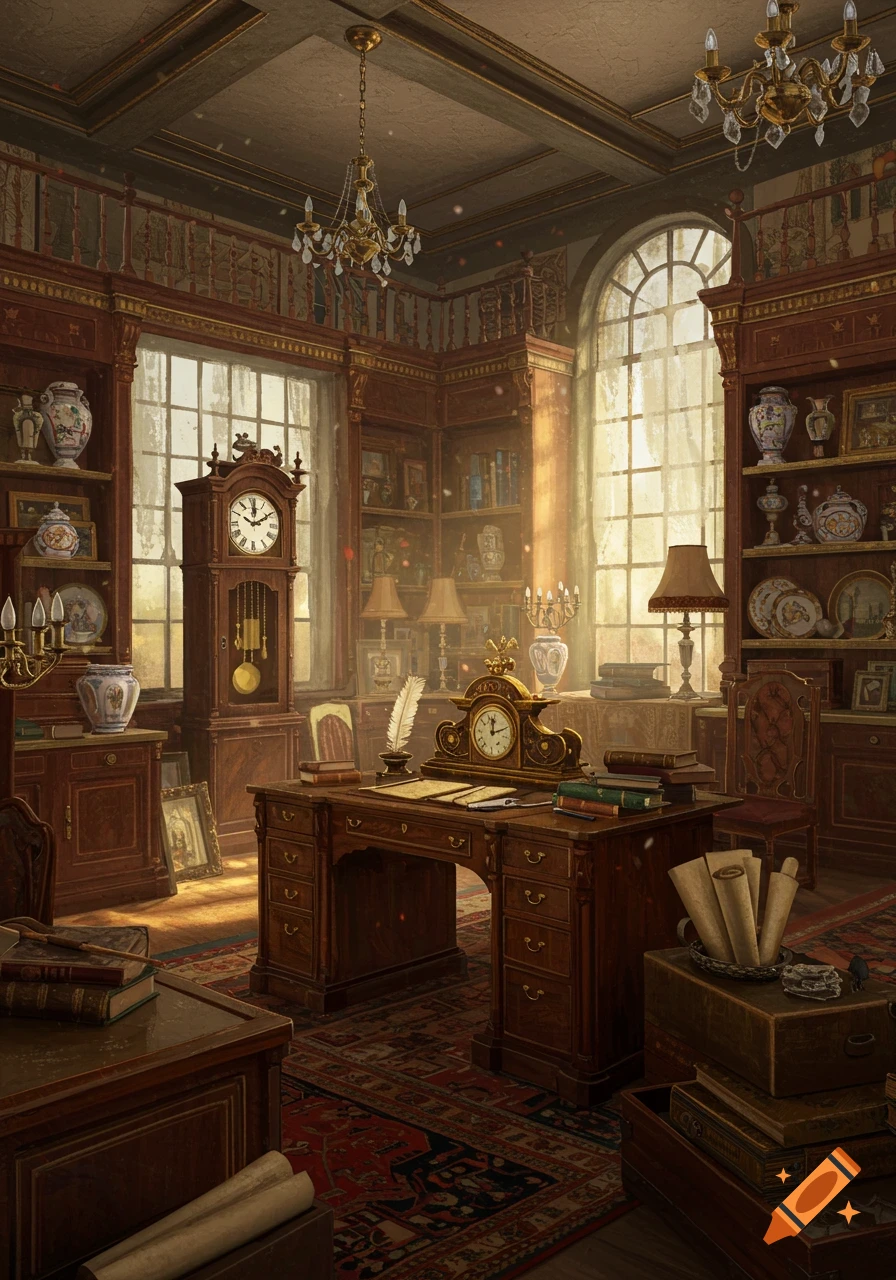 An ornate antique library or study room with a grand wooden desk, bookshelves, clocks, and chandeliers, lit by large windows.