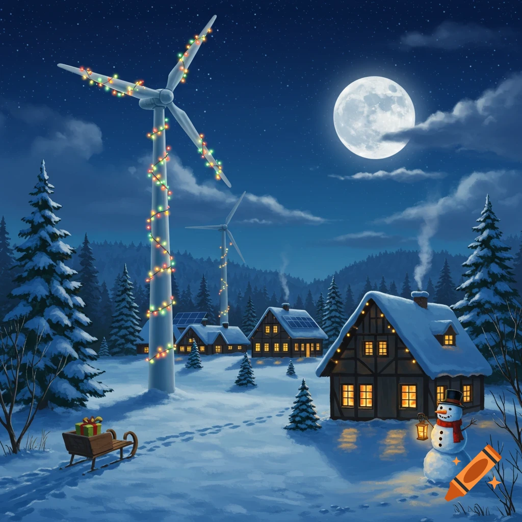 A charming winter night scene with snow-covered houses and wind turbines decorated with Christmas lights under a full moon, with a snowman and a sleigh.