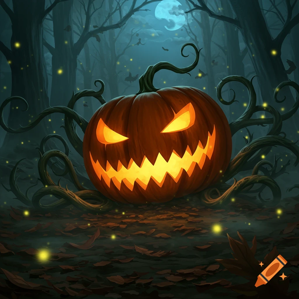 A glowing jack-o-lantern with vines in a spooky dark forest under a full moon, with fireflies. Digital art.