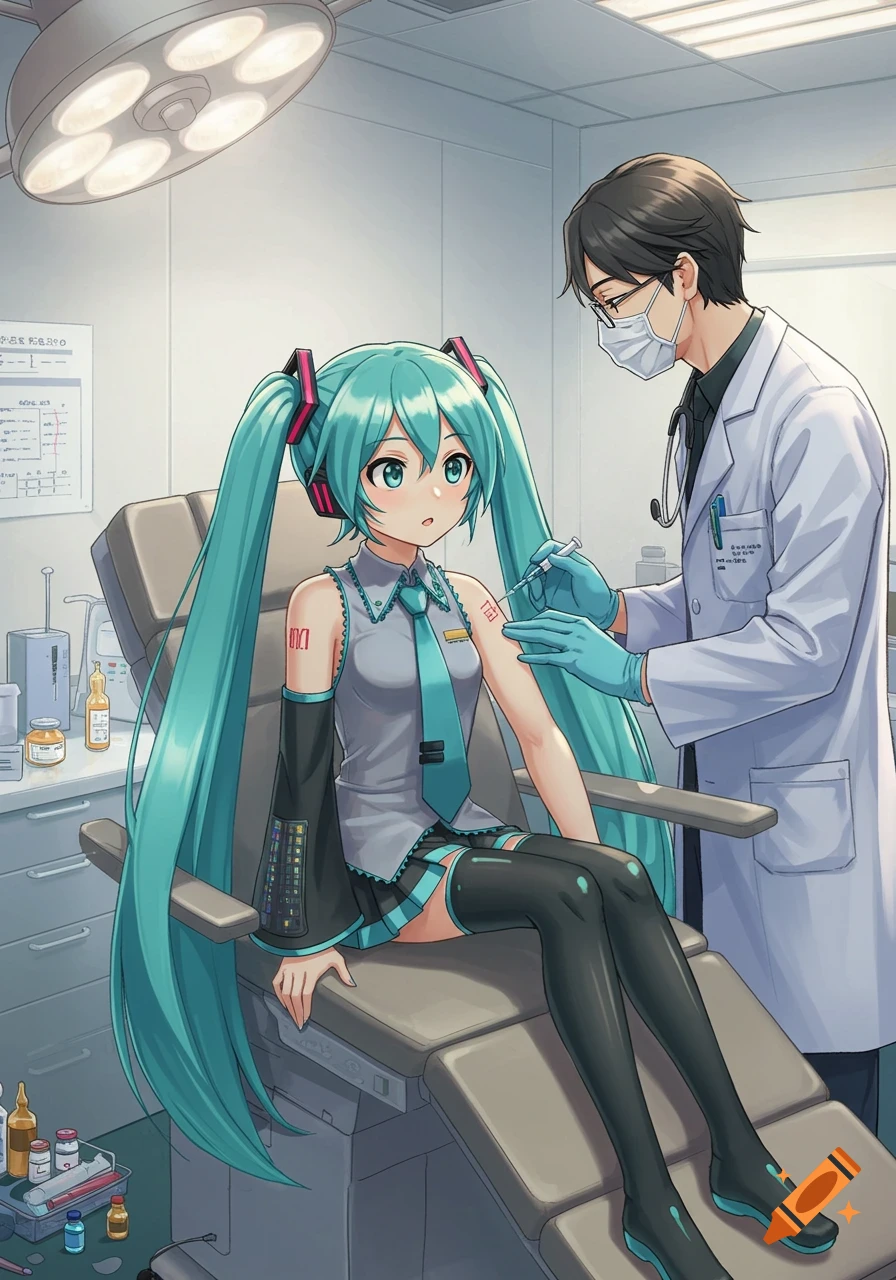Anime girl Hatsune Miku with turquoise pigtails gets a flu shot from a masked doctor in a brightly lit medical office.