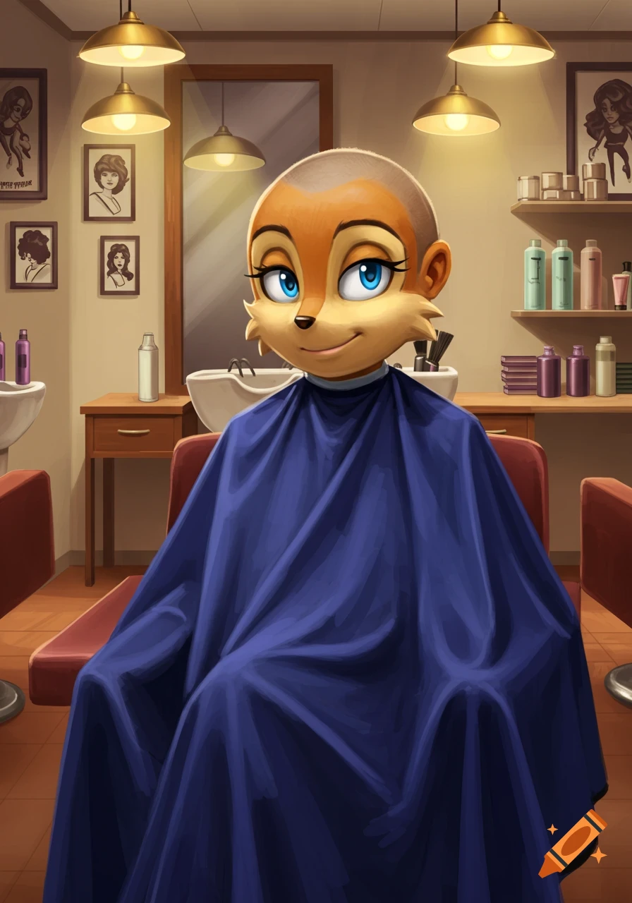 A cartoon anthropomorphic squirrel with a buzzcut sits in a barber's chair in a salon, wearing a blue cape.