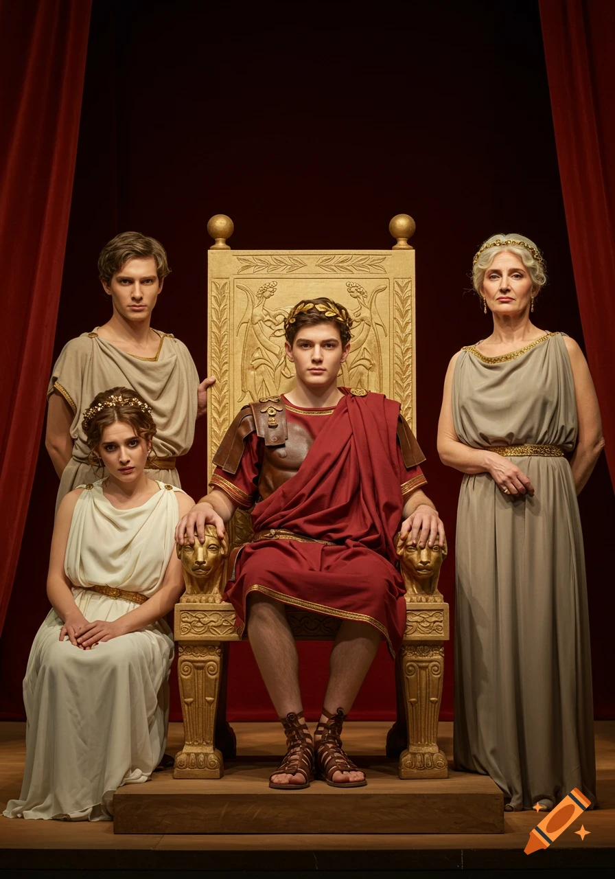 A young Roman emperor on a golden throne, flanked by four people in togas on a theatrical stage.