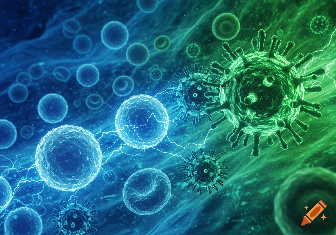 Digital illustration of microscopic viruses and cells, glowing blue and green, with streaks of light in a fluid-like environment.