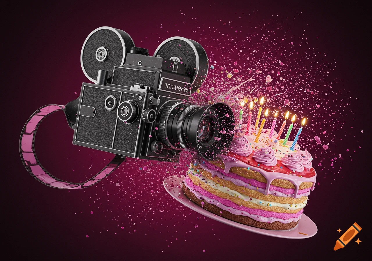 A vintage movie camera crashes into a colorful birthday cake with lit candles, scattering pink and purple sprinkles.