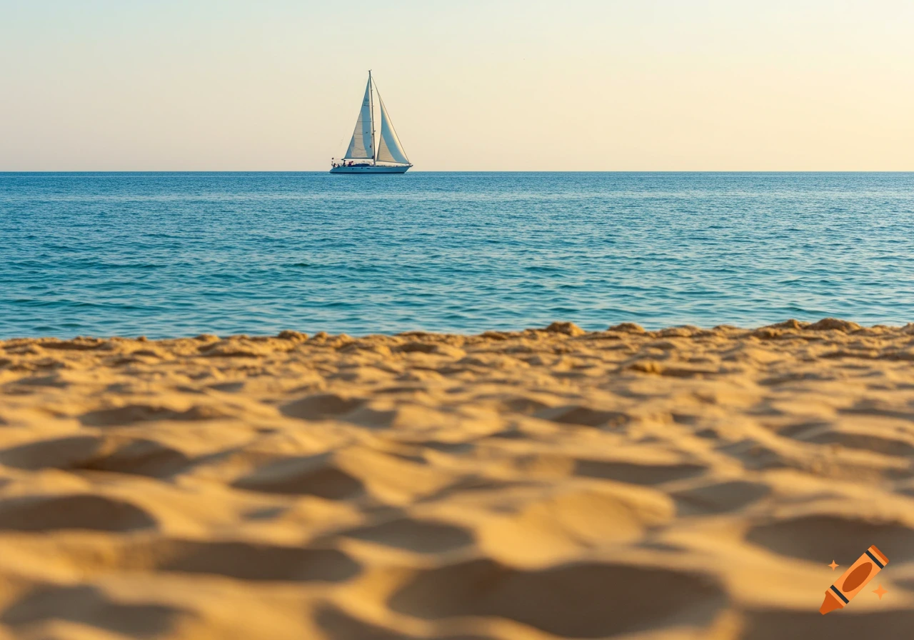 A sailboat glides on a calm blue sea under a pale sky, viewed from a golden sandy beach.