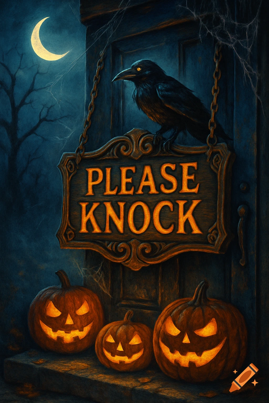 A Halloween scene featuring a black crow on a "Please Knock" sign, lit jack-o'-lanterns, a wooden door, and a crescent moon in a dark, textured style.