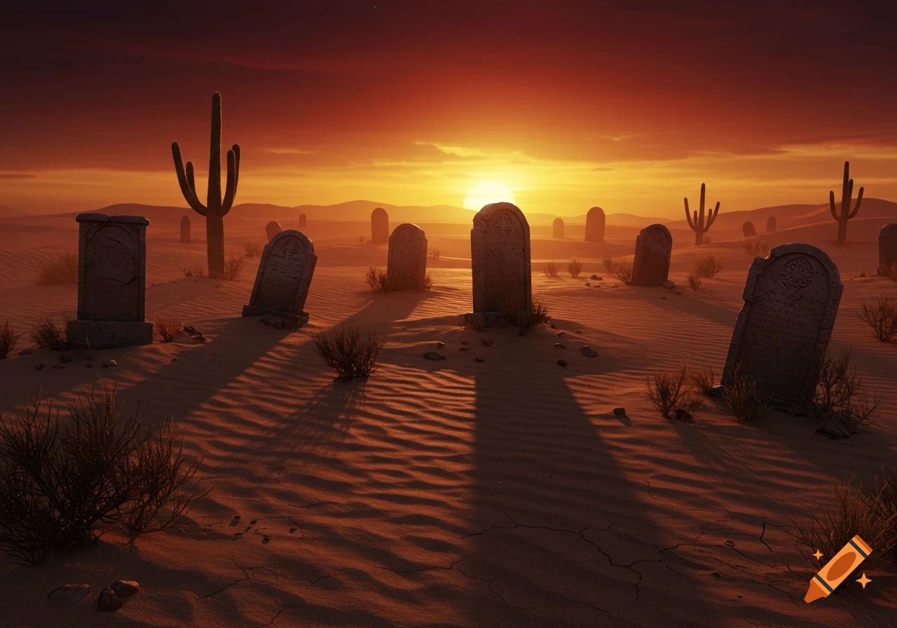 A desert graveyard at sunset, with numerous gravestones and cactuses casting long shadows on the sandy ground under an orange sky.