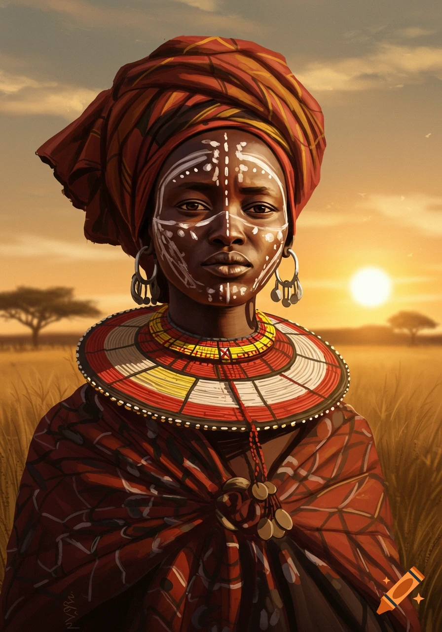 A close-up portrait illustration of a tribal woman with white face paint, a large beaded necklace, and a red headwrap, standing in a savanna at sunset.