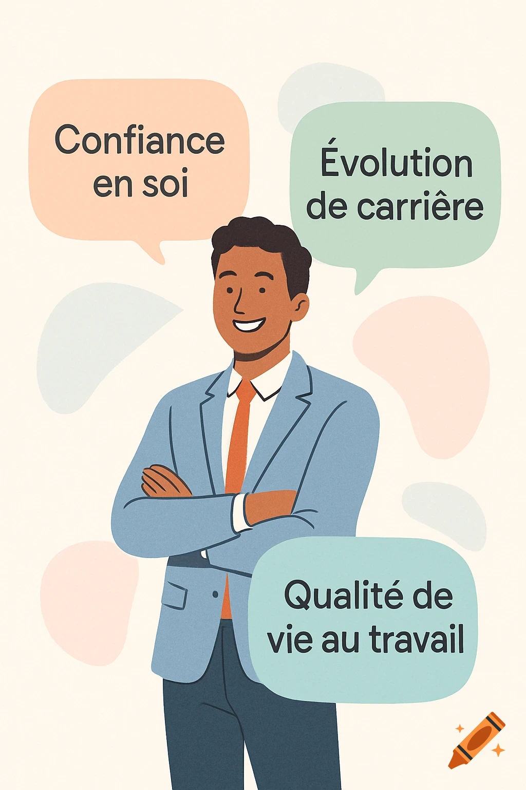 Illustration of a smiling man in a suit with arms folded, surrounded by speech bubbles with French text on self-confidence, career, and work quality.