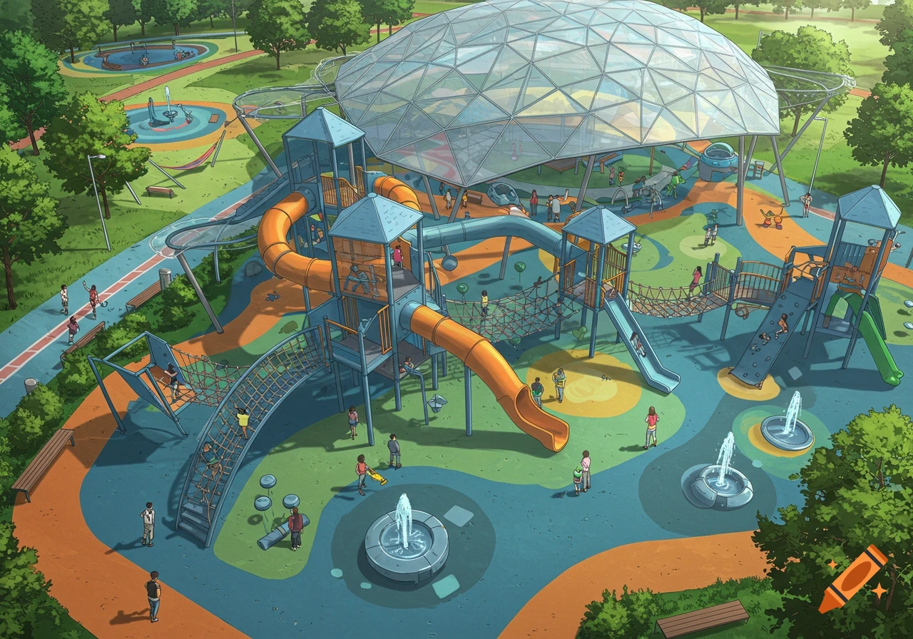 Aerial view of a vibrant, complex playground with orange slides, blue climbing structures, nets, fountains, and children playing, set in a green park with a large glass dome.